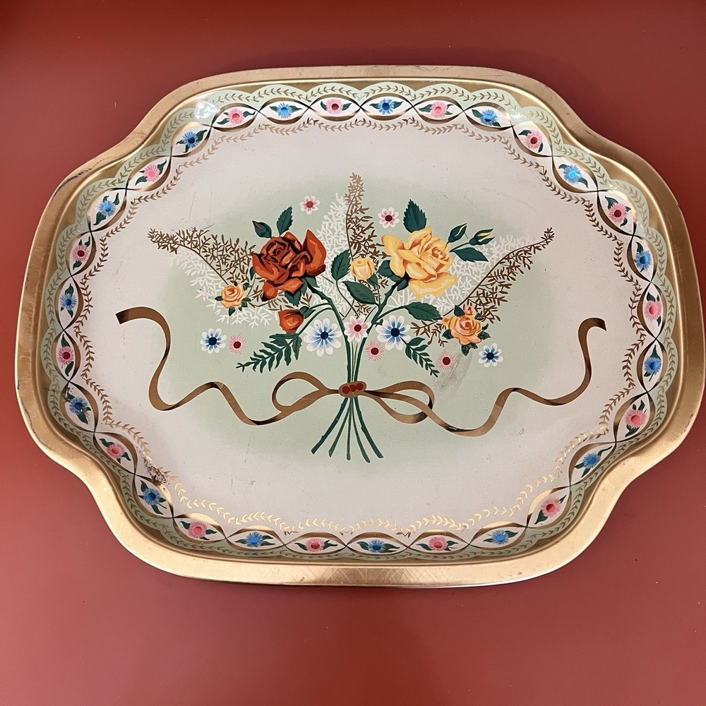 Vintage Baret Ware Serving Trays #236 Roses England Bouquet Gold Ribbons